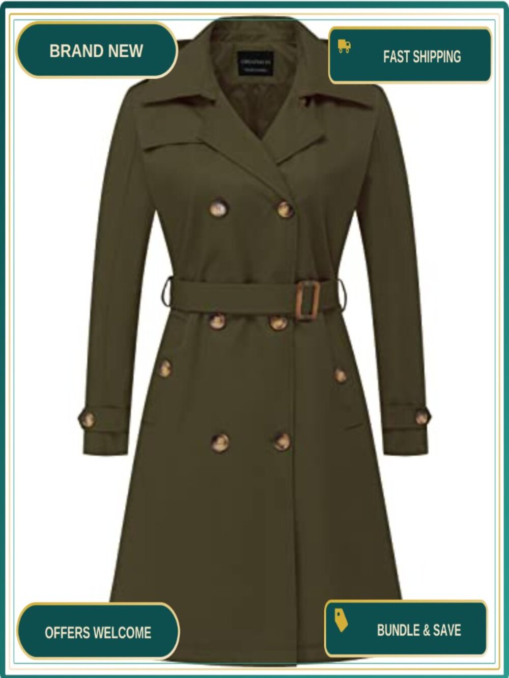 Long Trench Coat Double-Breasted Belted Slim Overcoat Detachable Hood